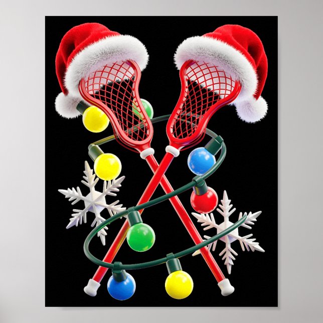 Lacrosse Player Christmas Lights Santa Hat Crosse  Poster (Front)