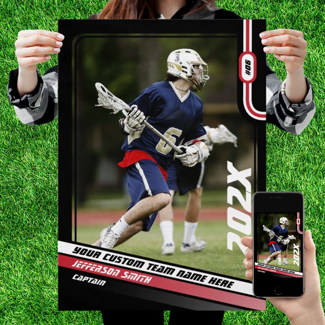 Lacrosse Player Custom Gift in Red Poster (Lacrosse Player Poster in Black with Custom Team Name and Red White Elements)