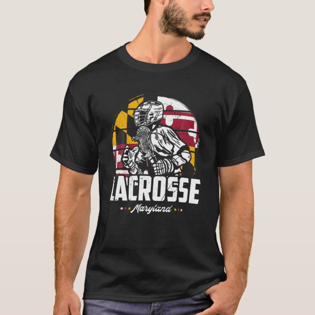 Lacrosse Player Maryland Flag Lax Retro T-Shirt (Front)