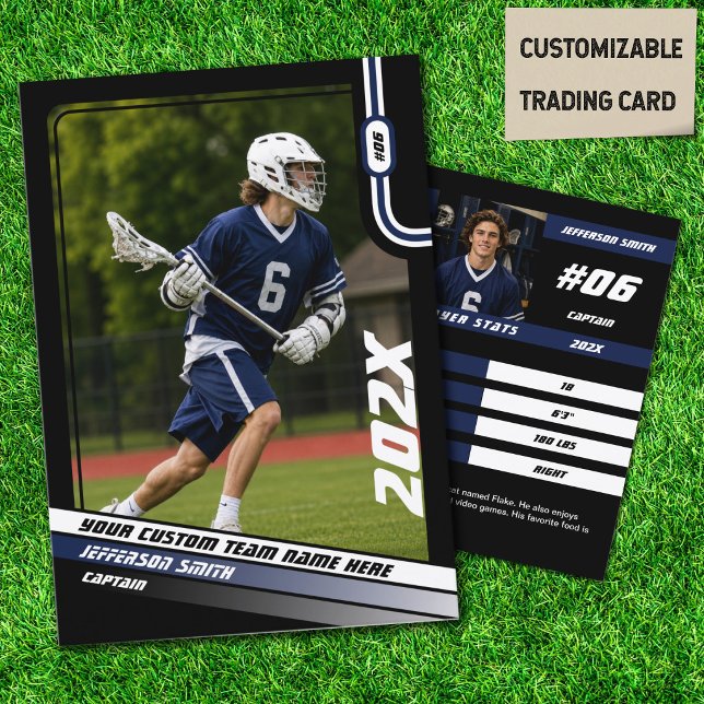 Lacrosse Player Trading Card in Black Blue (Lacrosse Player Trading Card in Black with Custom Team Name and Blue White Elements)
