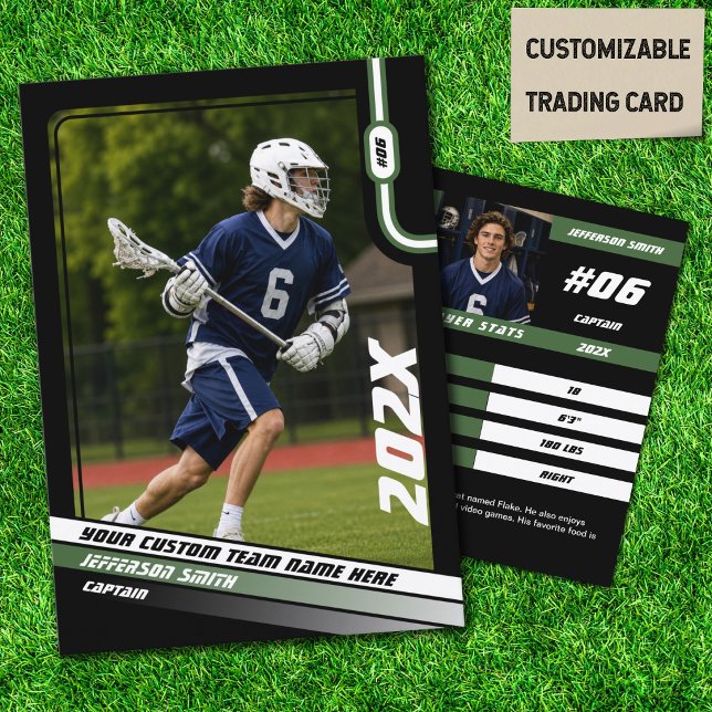 Lacrosse Player Trading Card in Black Green (Lacrosse Player Trading Card in Black with Custom Team Name and Green White Elements)