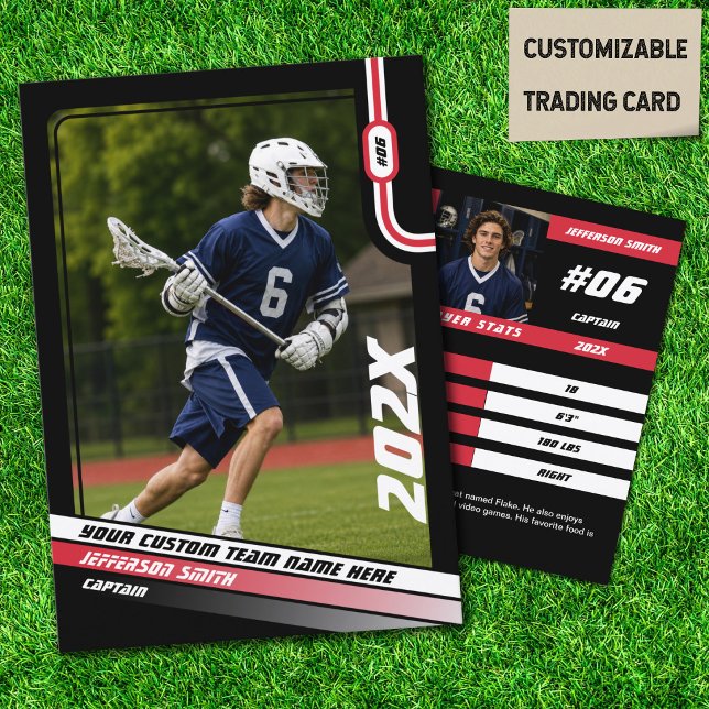 Lacrosse Player Trading Card in Black Red (Lacrosse Player Trading Card in Black with Custom Team Name and Red White Elements)