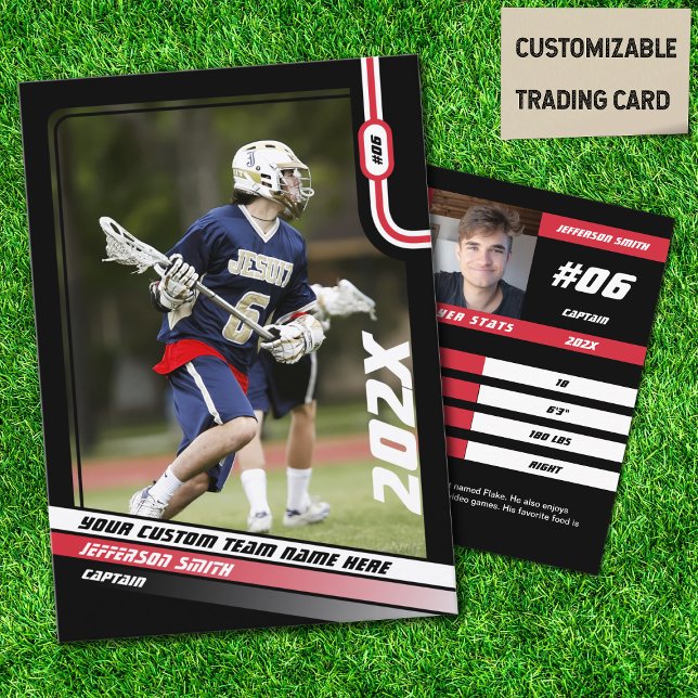 Lacrosse Player Trading Card in Black Red (Lacrosse Player Trading Card in Black with Custom Team Name and Red White Elements)