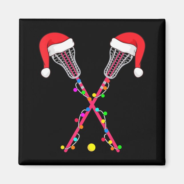 Lacrosse Santa Hat Christmas Lights Fun Sport Xmas Magnet (Front)