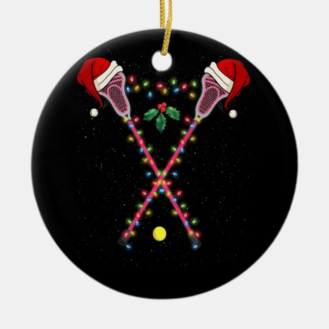 Lacrosse Santa Hat Christmas Lights Sport Ceramic Tree Decoration (Front)