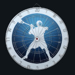Lacrosse Shooter dart board<br><div class="desc">Lacrosse Shooter. Locked,  cocked and ready to rock. Silhouette of lacrosse player holding stick,  in the midst of firing a shot on goal. Circular emblem design in blues with emanating rays. Lacrosse player dart board.</div>