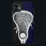 Lacrosse Sports Case-Mate iPhone Case<br><div class="desc">Lacrosse phone case featuring a lax stick illustration on a navy-blue and black background.</div>