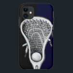 Lacrosse Sports Case-Mate iPhone Case<br><div class="desc">Lacrosse phone case featuring a lax stick illustration on a navy-blue and black background.</div>