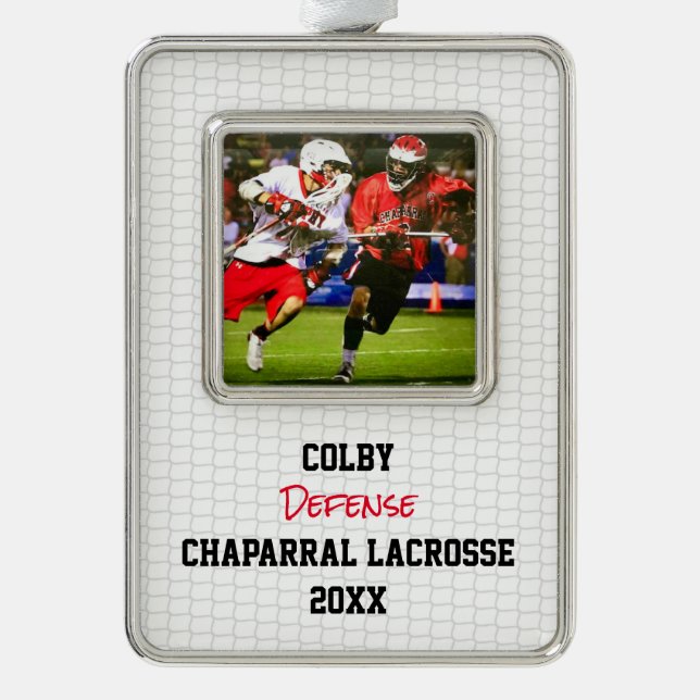 Lacrosse Sports PHOTO NAME YEAR TEAM Colours Fun Silver Plated Framed Ornament (Front)