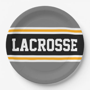 LACROSSE Sporty Grey Black Yellow Racing Stripes Paper Plate