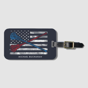 Lacrosse Stick Motif Vintage USA Flag Personalised Luggage Tag