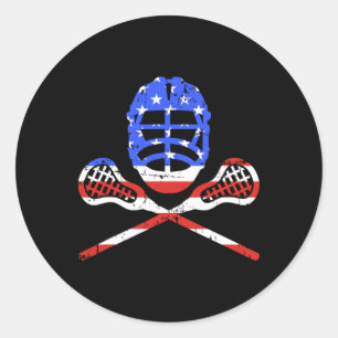 Lacrosse Sticks And Helmet With Us American Flag Classic Round Sticker