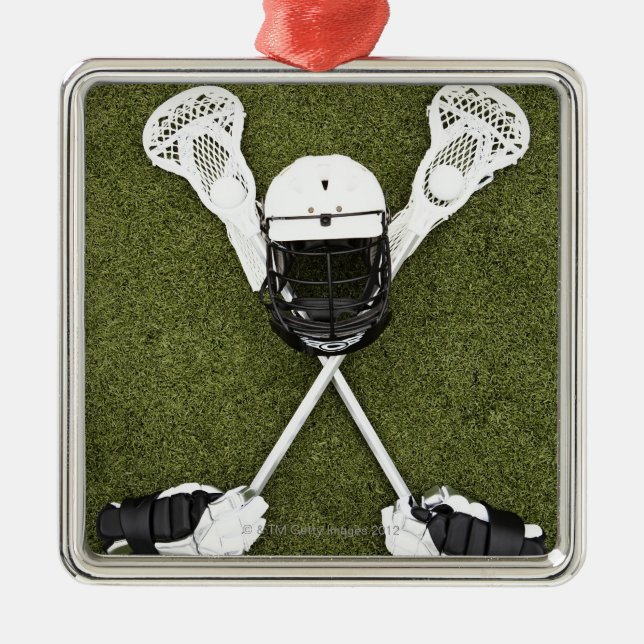 Lacrosse sticks, gloves, balls and sports helmet metal tree decoration (Front)