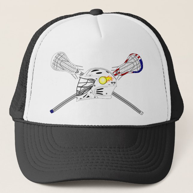 Lacrosse sticks with helmet trucker hat (Front)