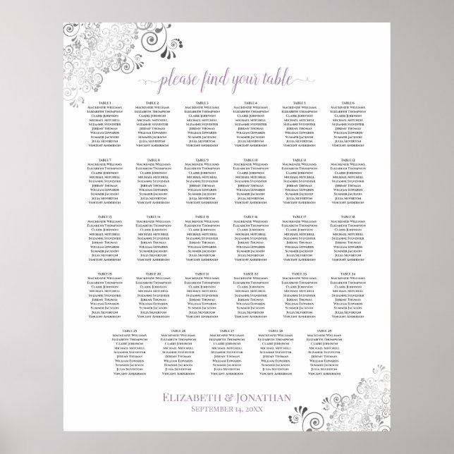 Lacy 29 Table Wedding Seating Chart Lavender White (Front)