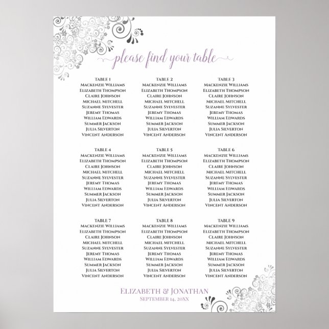 Lacy 9 Table Wedding Seating Chart White Lavender (Front)