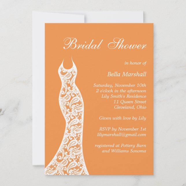 Lacy Bridal Shower Invitation in Orange (Front)