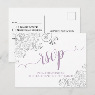 Lacy Calligraphy Lavender on White Wedding RSVP Postcard