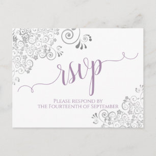 Lacy Calligraphy Lavender on White Wedding RSVP Postcard