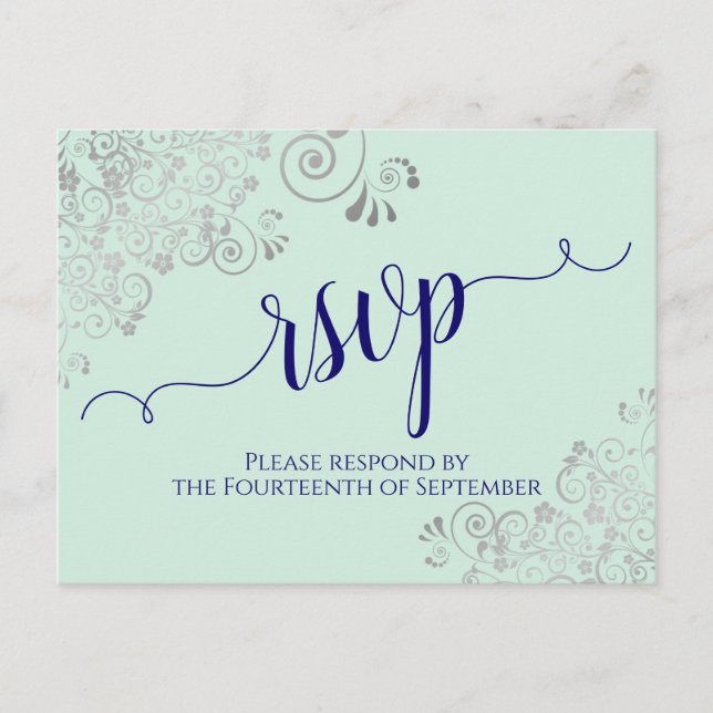 Lacy Calligraphy Navy Blue on Mint Wedding RSVP Postcard (Front)