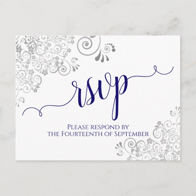 Lacy Calligraphy Navy Blue on White Wedding RSVP Postcard (Front)