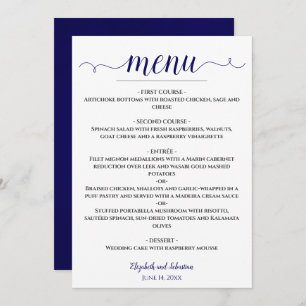 Lacy Calligraphy Navy Blue & White Wedding Menu