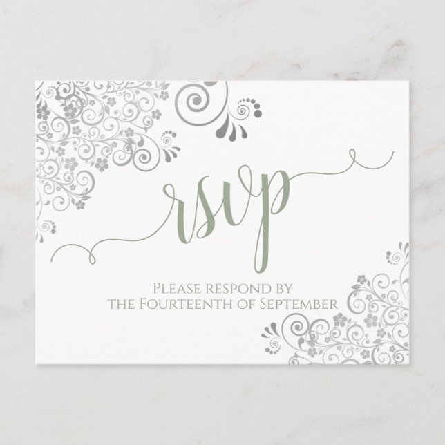 Lacy Calligraphy Sage Green White Wedding RSVP Postcard (Front)