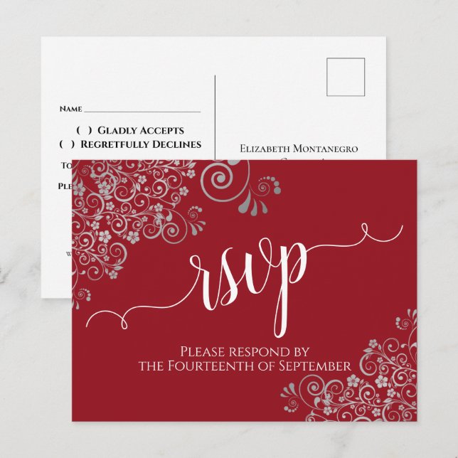 Lacy Calligraphy & Silver Frills Red Wedding RSVP Postcard (Front/Back)