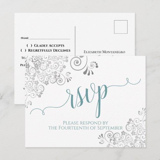 Lacy Calligraphy Teal & White Wedding RSVP Postcard (Front/Back)