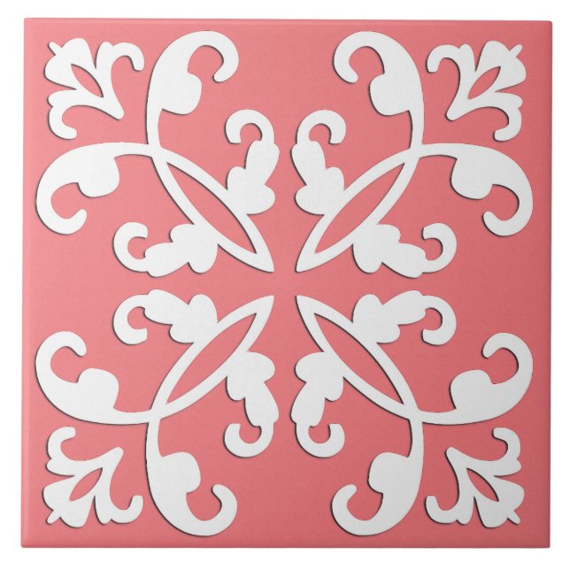 Lacy cutwork - white over azalea pink tile (Front)