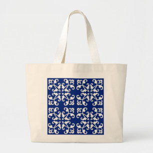 Lacy cutwork - white over lapis blue large tote bag