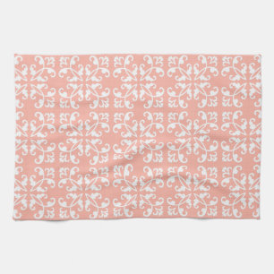 Lacy cutwork - white over peach swiss dots tea towel