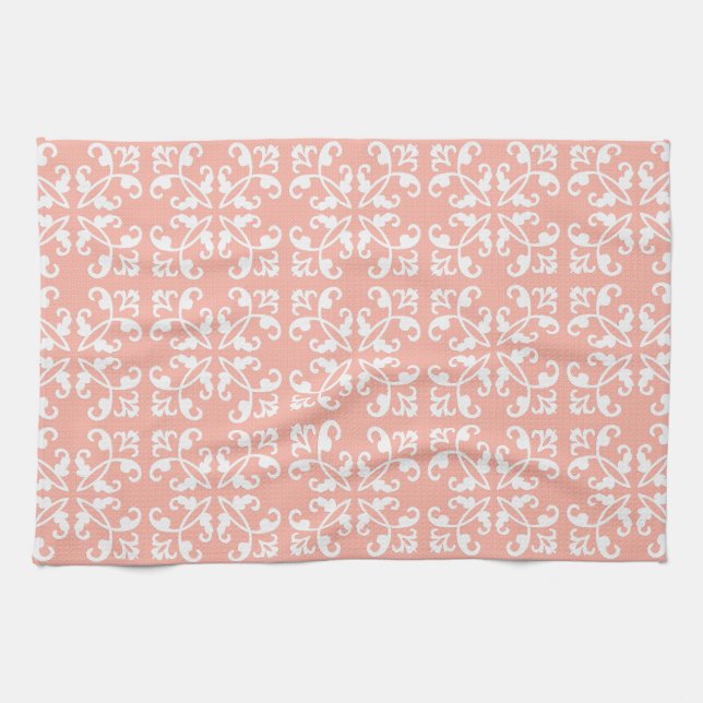 Lacy cutwork - white over peach swiss dots tea towel (Horizontal)