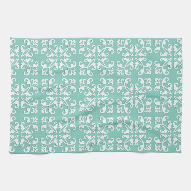 Lacy cutwork - white over seafoam green tea towel (Horizontal)