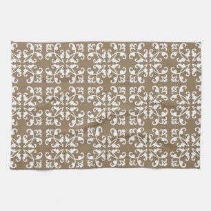 Lacy cutwork - white over taupe tan tea towel