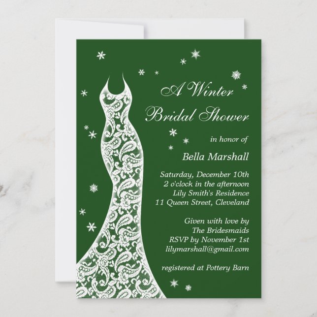 Lacy Emerald Green Winter Bridal Shower Invitation (Front)