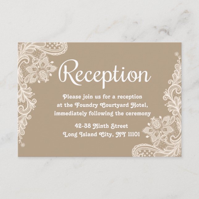 Lacy Floral Brown & White Lace Wedding Reception Enclosure Card (Front)
