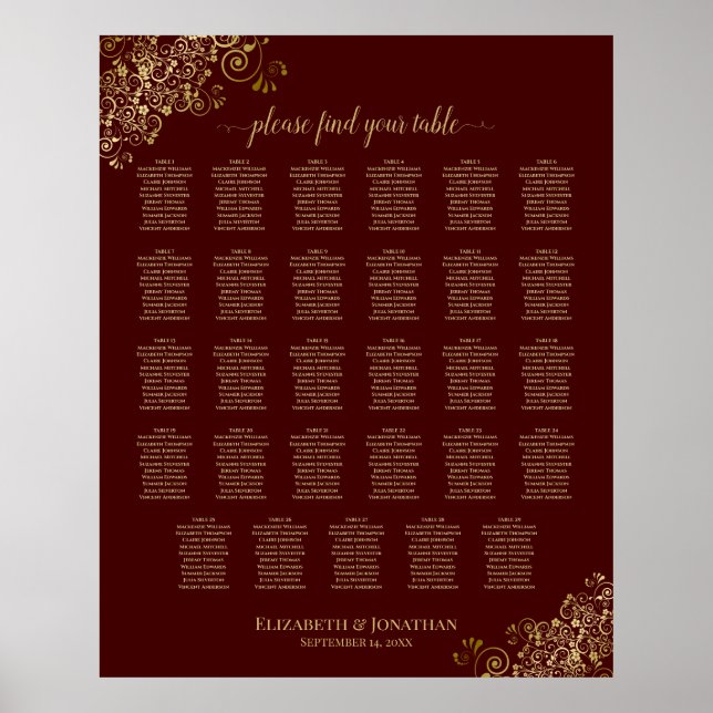 Lacy Gold 29 Table Wedding Seating Chart Auburn (Front)
