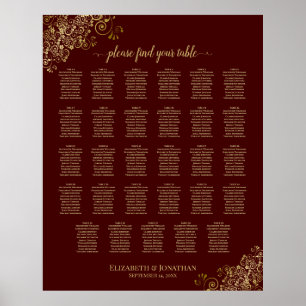 Lacy Gold 29 Table Wedding Seating Chart Burgundy