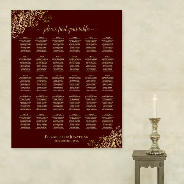 Lacy Gold 30 Table Wedding Seating Chart Auburn (In Situ on Wall)