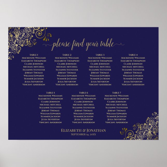 Lacy Gold 7 Table Wedding Seating Chart Navy Blue (Front)