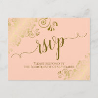 Lacy Gold Calligraphy Coral Peach Wedding RSVP