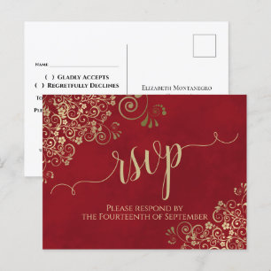 Lacy Gold Calligraphy Elegant Red Wedding RSVP Postcard