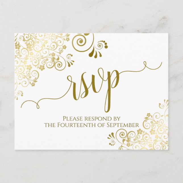 Lacy Gold Calligraphy Elegant White Wedding RSVP Postcard (Front)
