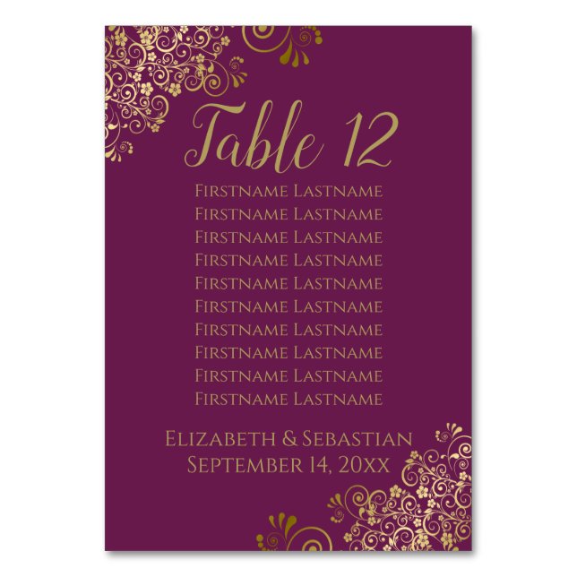 Lacy Gold Chic Cassis Purple Wedding Seating Chart Table Number (Front)