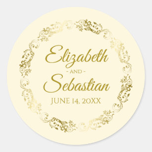 Lacy Gold Filigree Elegant Cream Wedding Favour Classic Round Sticker