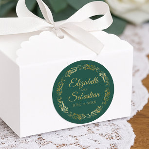 Lacy Gold Filigree Elegant Emerald Green Wedding Classic Round Sticker