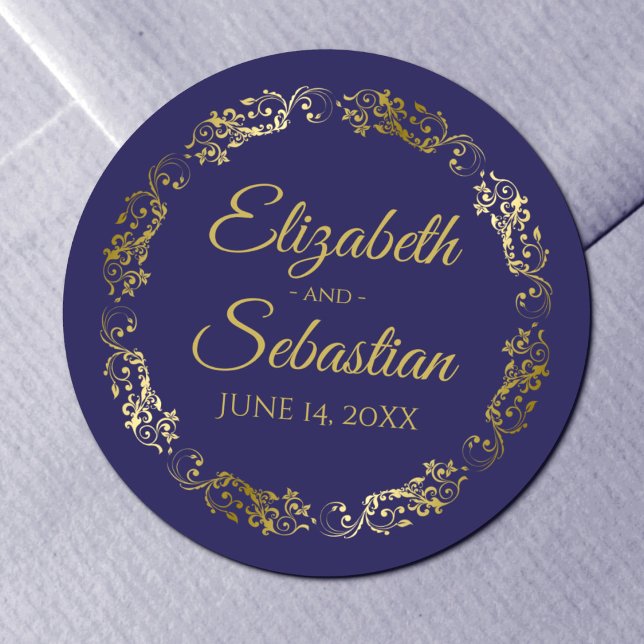Lacy Gold Filigree Elegant Navy Blue Wedding Favor Classic Round Sticker (Creator Uploaded)