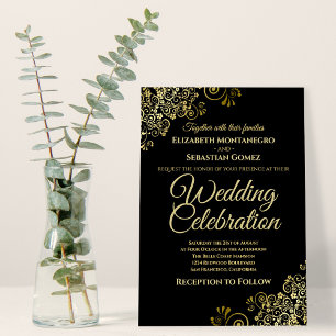 Lacy Gold Filigree on Black Simple Elegant Wedding Invitation
