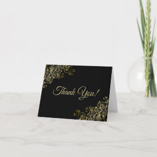 Lacy Gold Frills Elegant Black Wedding Photo Thank You Card